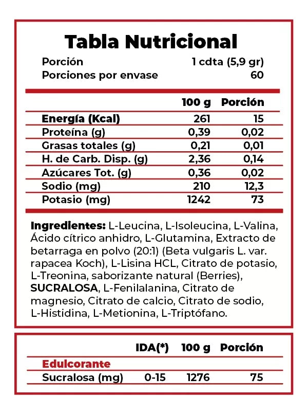 Aminoácidos EAAS Clean Label 354 grs. | 60 Porciones | Con extracto de Betarraga y Electrolitos